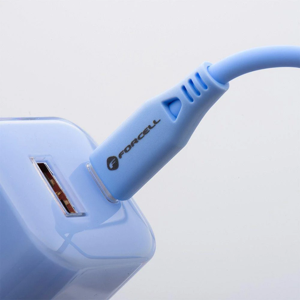 Telefono įkroviklis Forcell F-Energy GaN III Crystal Color USB C + USB A QC4.0 PD 33W + silikoninis laidas USB C į USB C VT-41 mėlynas