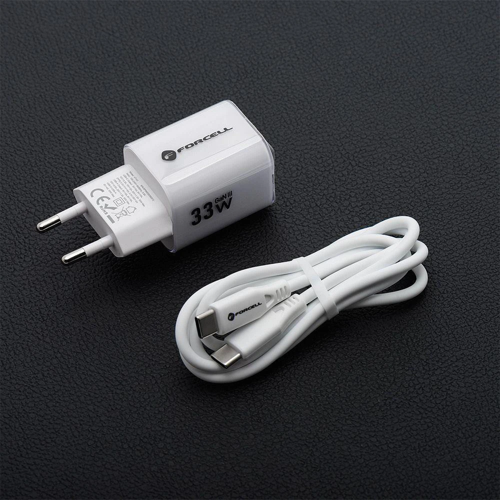 Telefono įkroviklis Forcell F-Energy GaN III Crystal Color USB C + USB A QC4.0 PD 33W + silikoninis laidas USB C į USB C VT-41 baltas 0INT