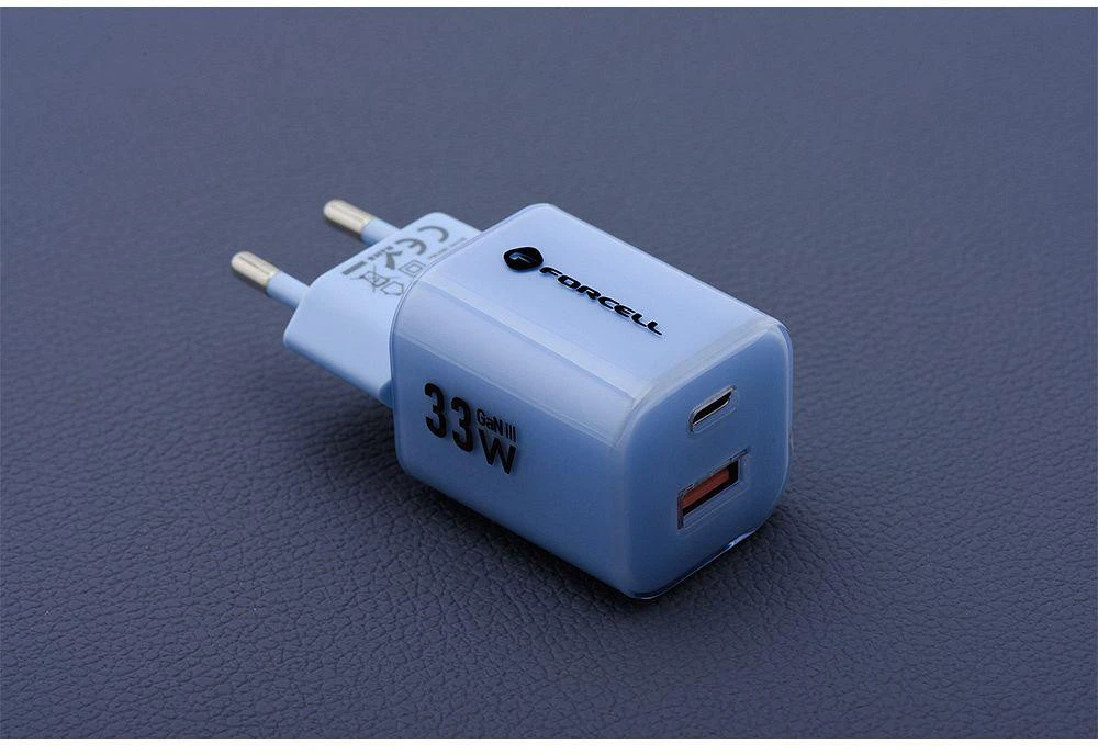 Telefono įkroviklis Forcell F-Energy GaN III Crystal Color USB C + USB A QC4.0 PD 33W + silikoninis laidas USB C į USB C VT-41 mėlynas
