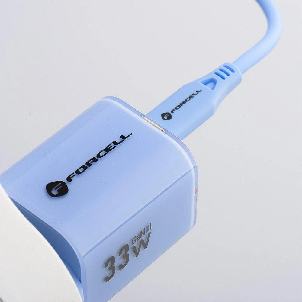 Telefono įkroviklis Forcell F-Energy GaN III Crystal Color USB C + USB A QC4.0 PD 33W + silikoninis laidas USB C į USB C VT-41 mėlynas