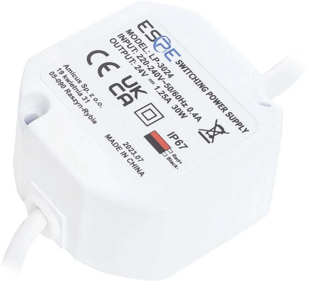 Impulsinis maitinimo šaltinis ESPE LP-3024 (30W, 1.25A/24V, hermetinis IP67, 50x47x25)