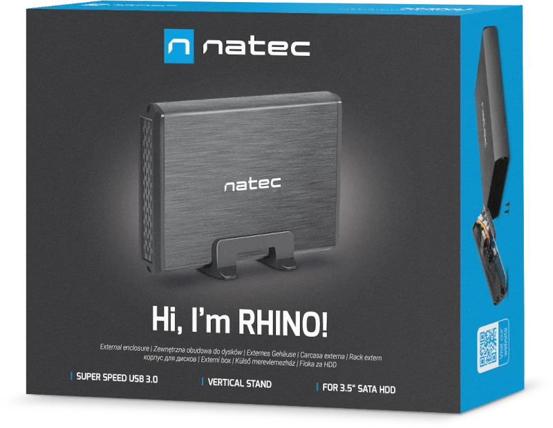 Kietasis diskas NATEC NKZ-0448 RHINO išorinis USB 3.0 korpusas skirtas 3,5 colio SATA HDD juodas aliuminis