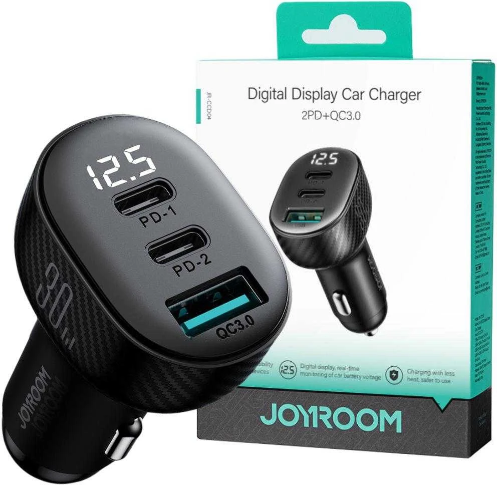 Automobilinis įkroviklis Joyroom JR-CCD04 2xUSB-C/USB-A 30W juodas