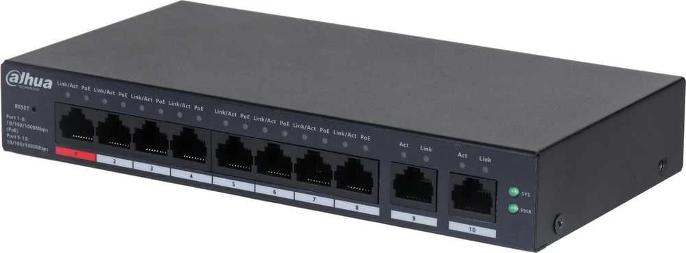 Šakotuvas Dahua Technology DH-CS4010-8GT-110 tinklo komutatorius Valdomas L2 Gigabit Ethernet (10/100/1000) Maitinimas per Eternetą (PoE) Juoda