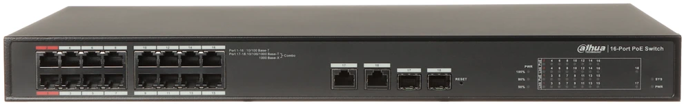 Dahua PoE šakotuvas 100Mbps 16portu+2G uplink + 2SFP, ePoE 8 portai, ePoE iki 800m, Hi-PoE