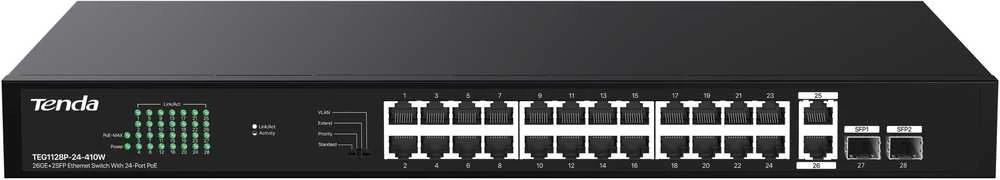 Šakotuvas Tenda TEG1128P-24-410W tinklo komutatorius nevaldomas gigabito eternetas (10/100/1000) su maitinimu per eternetą (PoE)