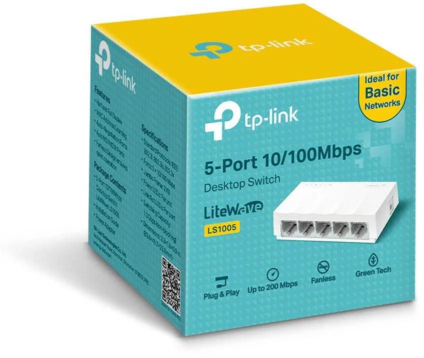 Šakotuvas TP-LINK LiteWave 5 prievadų 10/100M stalinio kompiuterio jungiklis 5 10/100M RJ45 prievadų darbalaukio plastikinis dėklas
