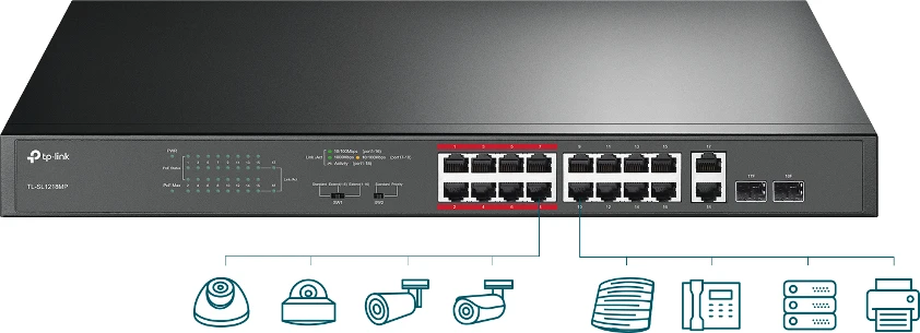 Šakotuvas TP-Link TL-SL1218MP tinklo komutatorius Ne-valdomas Fast Ethernet (10/100) Maitinimas per Eternetą (PoE) Juoda