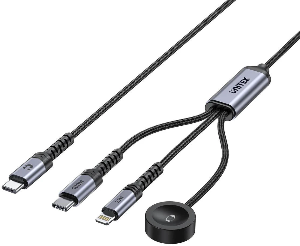Kabelis USB Unitek 3-in-1 USB-C + Lightning + Apple Watch | PD 100W | 480 Mbps | 1,2 m (C14180AGY01-1.2M)