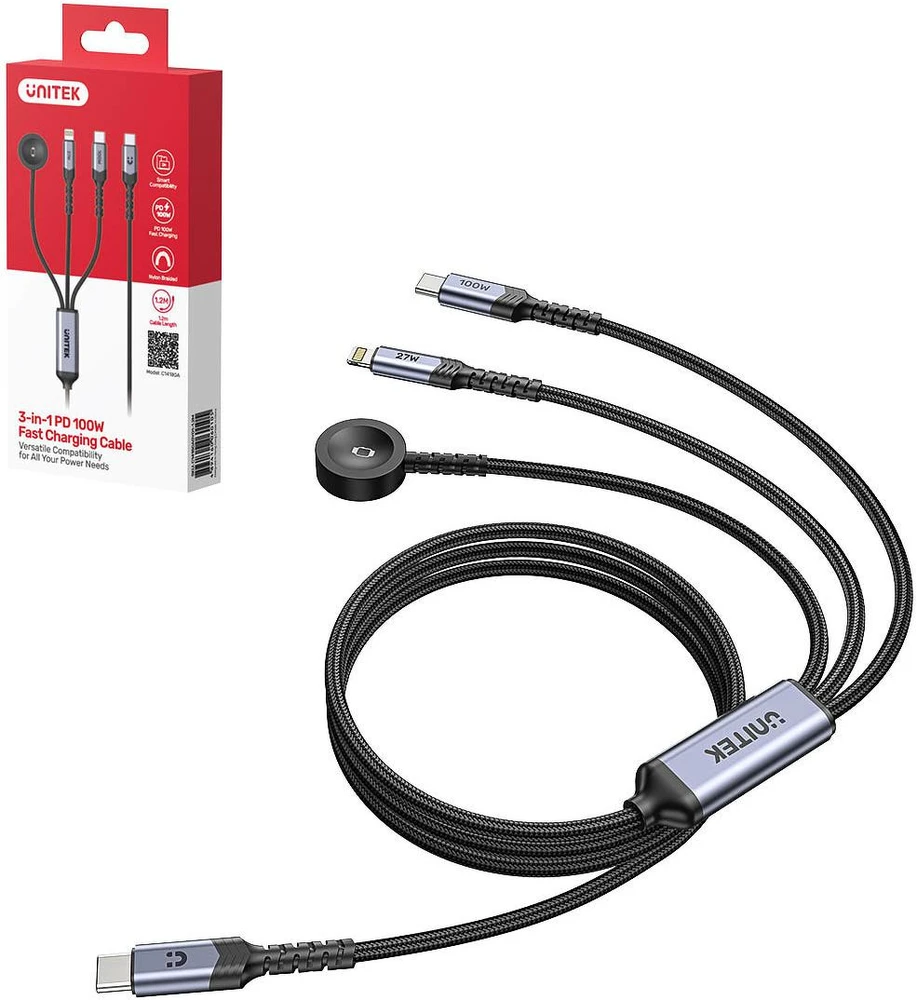 Kabelis USB Unitek 3-in-1 USB-C + Lightning + Apple Watch | PD 100W | 480 Mbps | 1,2 m (C14180AGY01-1.2M)