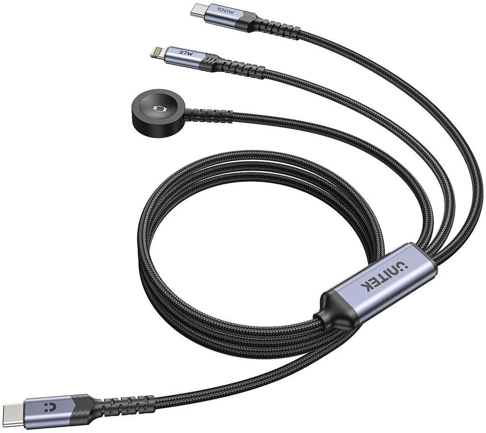 Kabelis USB Unitek 3-in-1 USB-C + Lightning + Apple Watch | PD 100W | 480 Mbps | 1,2 m (C14180AGY01-1.2M)