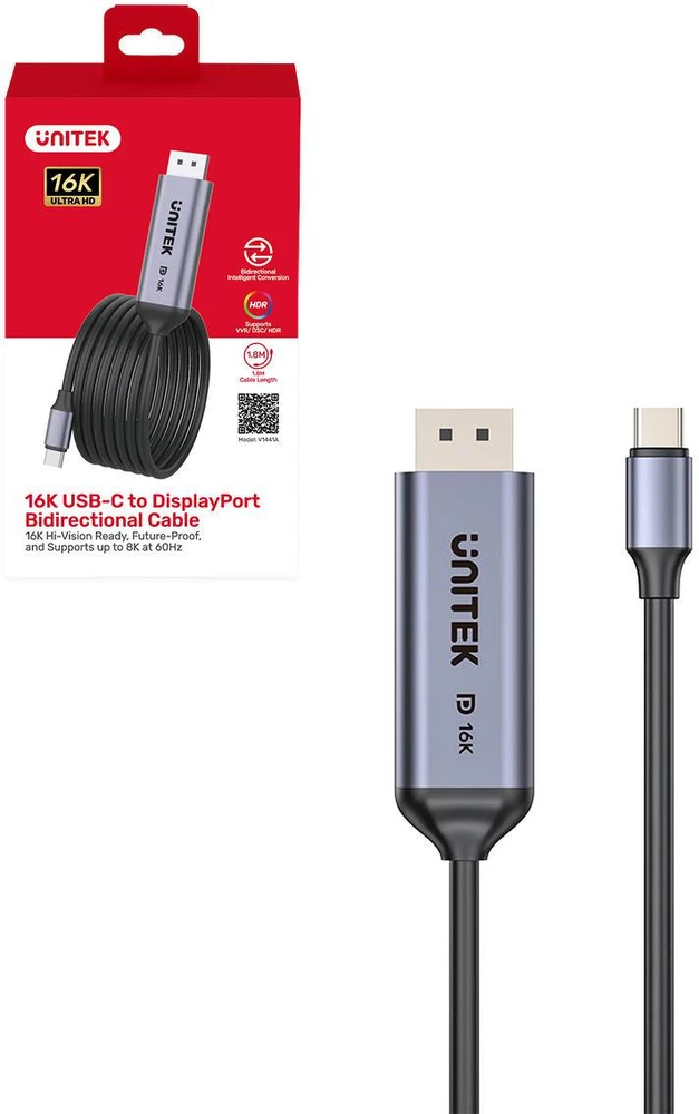Unitek dvikryptis kabelis USB-C - DisplayPort 16K | 80Gbps | HDR | 1,8 m