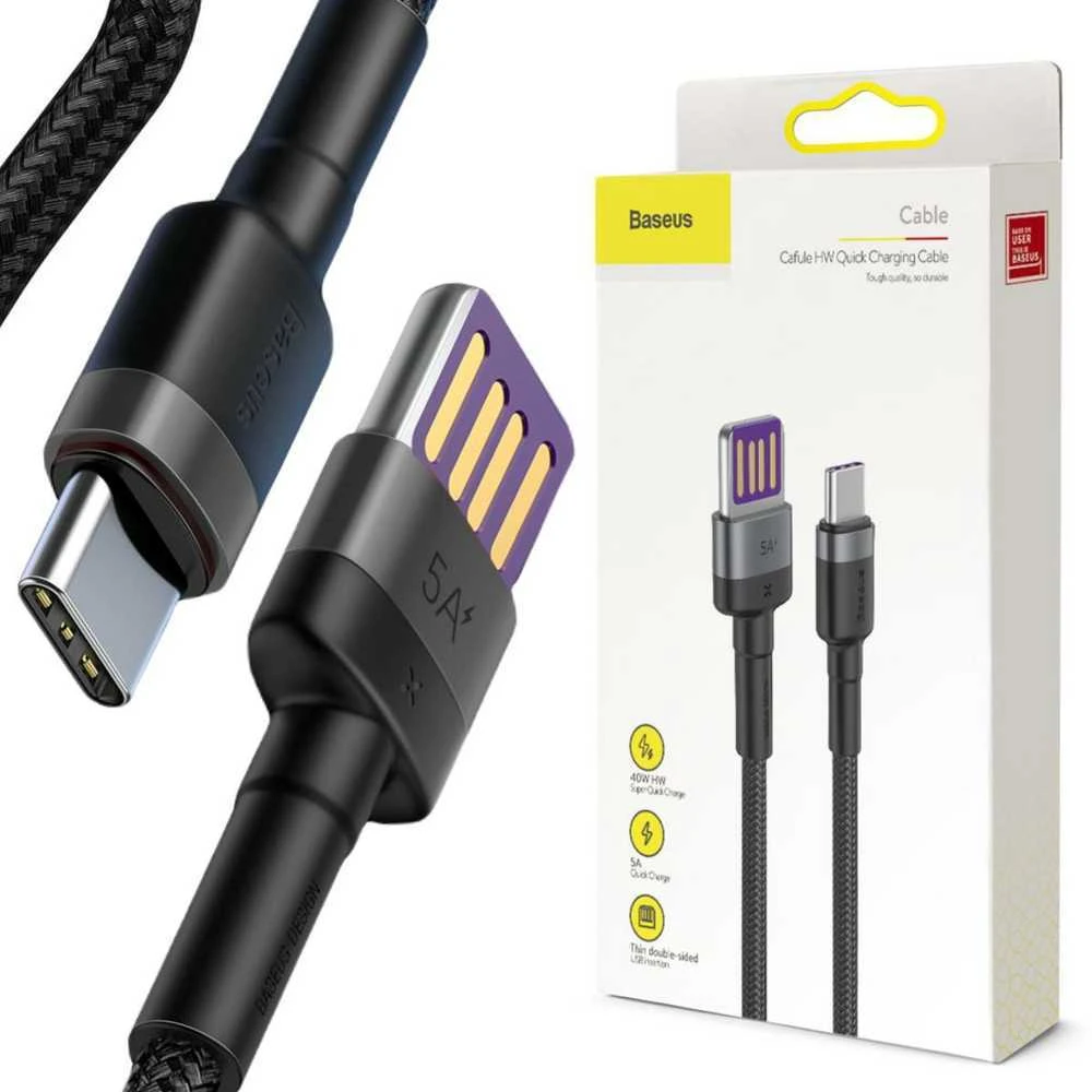 Baseus Cafule USB-C laidas Huawei SuperCharge QC 3.0 5A 1m - Juodas / Pilkas