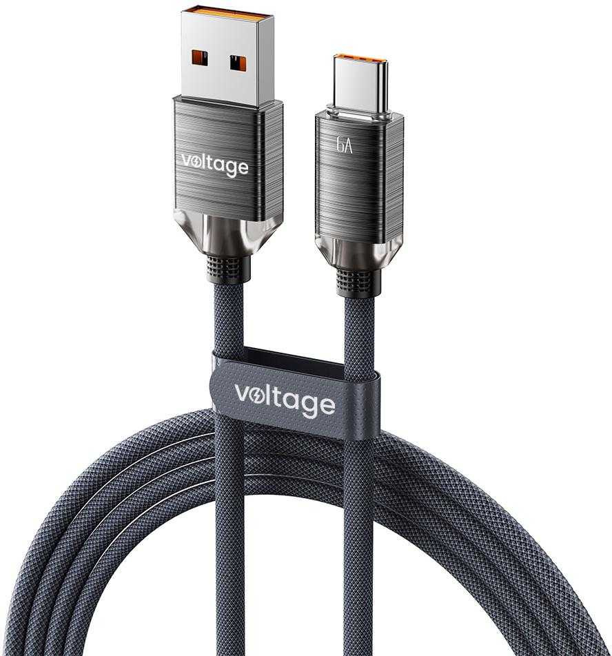 VOLTAGE USB-A / USB-C laidas, įtampa „PureCrystal“, 66 W, 200 cm, juodas