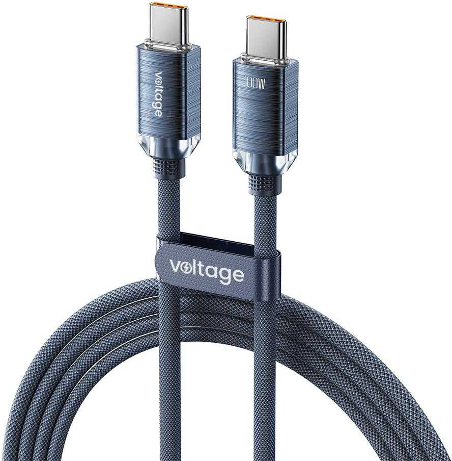 VOLTAGE USB-C / USB-C įtampos „PureCrystal“ 100 W PD laidas, 100 cm, mėlynas