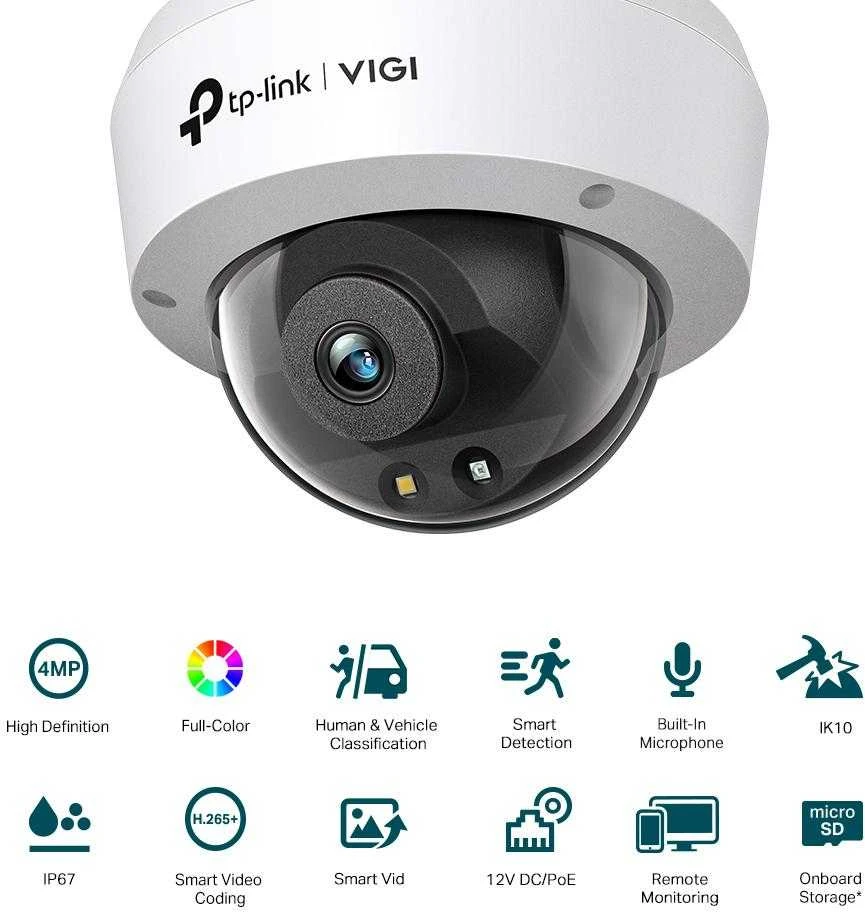 TP-LINK | Visų spalvų kupolinė tinklo kamera | VIGI C240 | Kupolas | 4 MP | 4 mm | IP67, IK10 | H.265+/H.265/H.264+/H.264 | „MicroSD“, maks. 256 GB