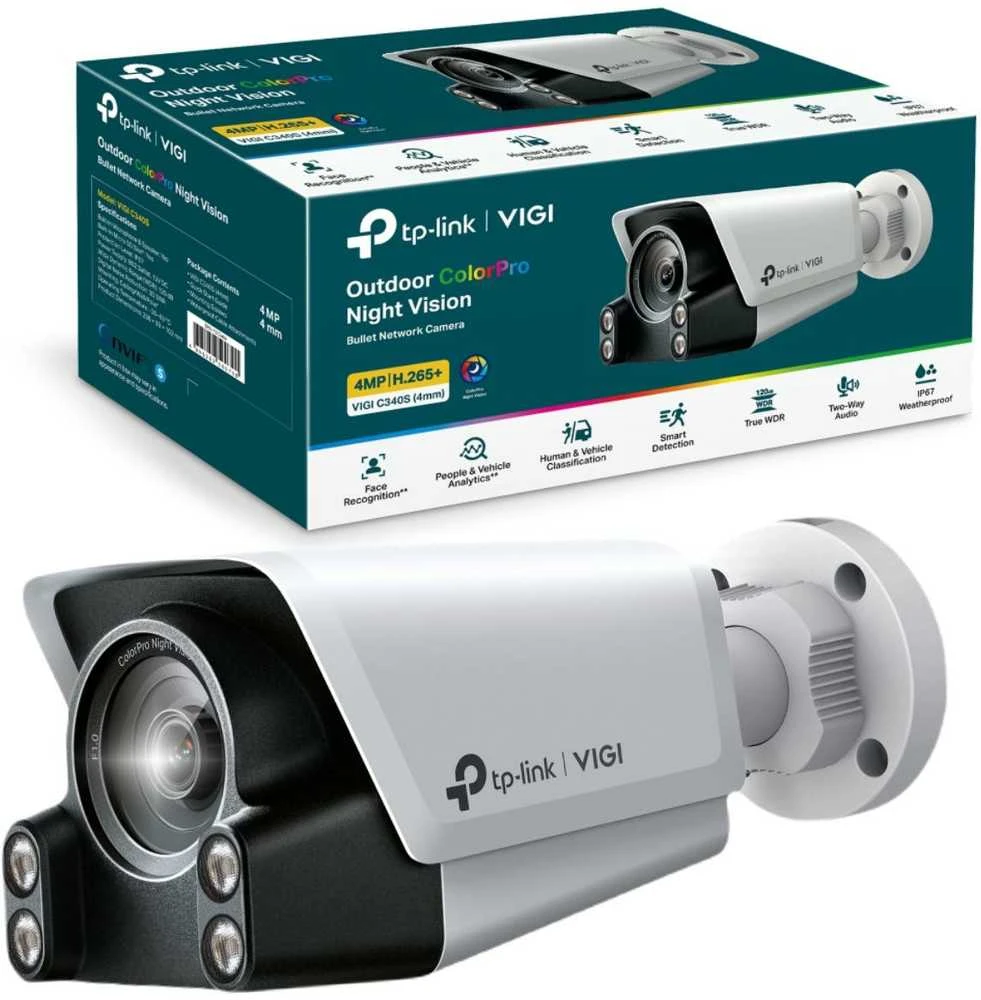 TP-LINK | Lauko ColorPro naktinio matymo tinklo kamera | VIGI C340S(4mm) | 36 mėn. | Kulka | 4 MP | Fiksuotas | Maitinimas per Ethernet (PoE) | IP67 | H.265/H.264 | MicroSD kortelė, iki 256 GB