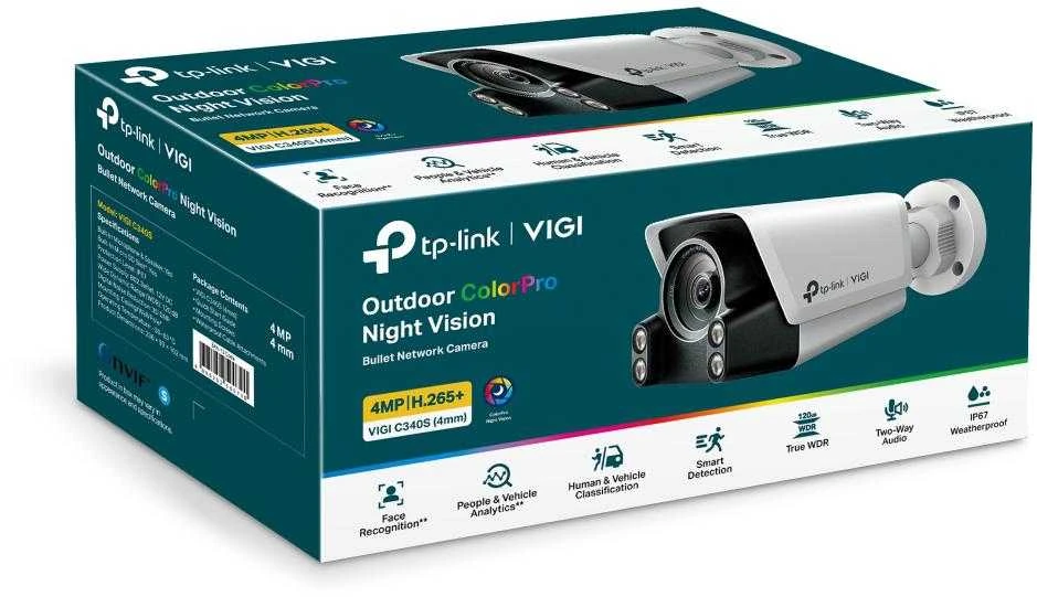 TP-LINK | Lauko ColorPro naktinio matymo tinklo kamera | VIGI C340S(4mm) | 36 mėn. | Kulka | 4 MP | Fiksuotas | Maitinimas per Ethernet (PoE) | IP67 | H.265/H.264 | MicroSD kortelė, iki 256 GB