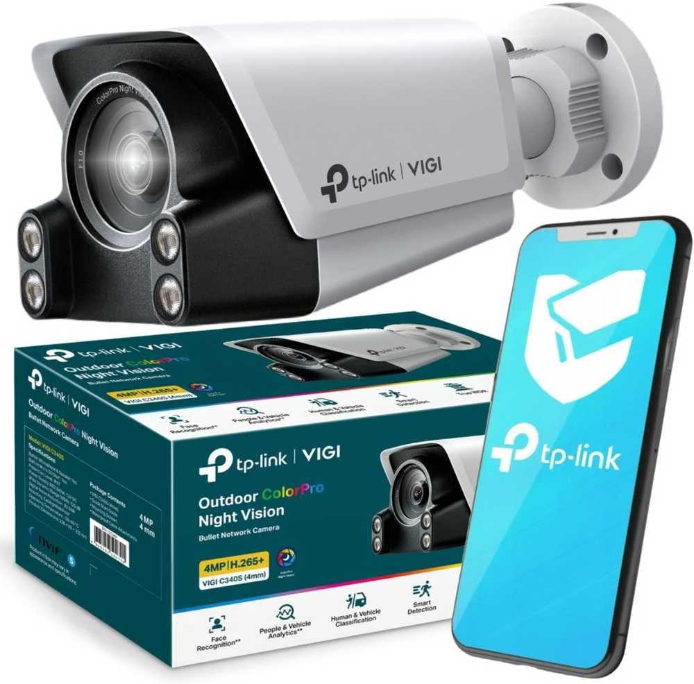 TP-LINK | Lauko ColorPro naktinio matymo tinklo kamera | VIGI C340S(4mm) | 36 mėn. | Kulka | 4 MP | Fiksuotas | Maitinimas per Ethernet (PoE) | IP67 | H.265/H.264 | MicroSD kortelė, iki 256 GB
