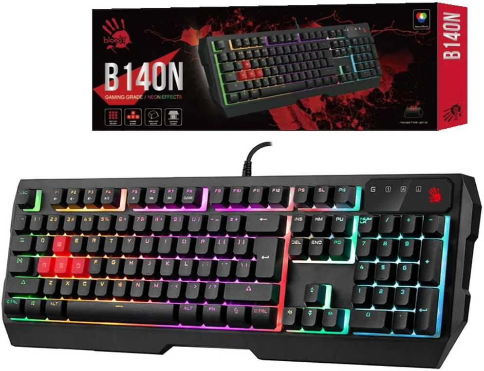 Klaviatūra žaidimams A4Tech B140N su laidu membraninė su pašvietimu juoda