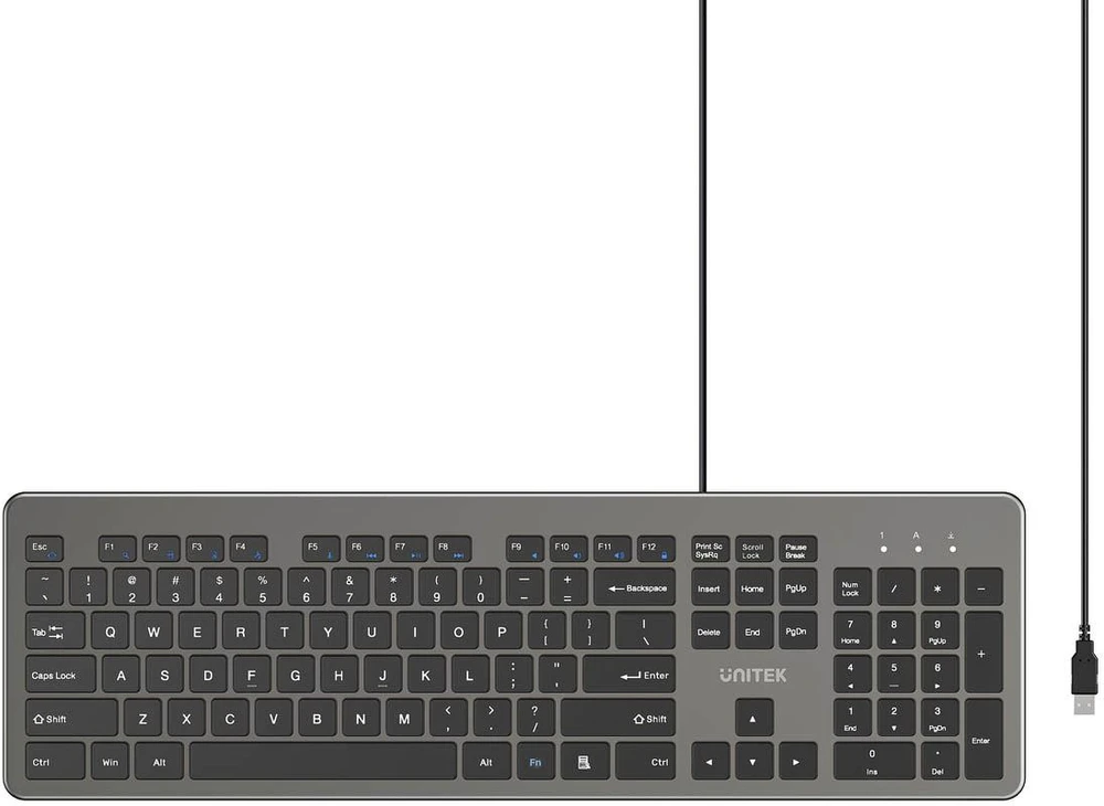 Klaviatūra Unitek SlimTap su laidu 100% (full-size) pilka