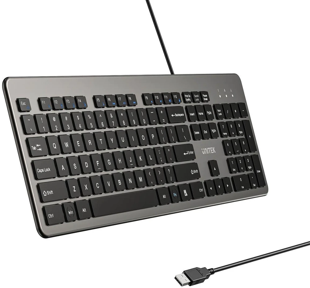 Klaviatūra Unitek SlimTap su laidu 100% (full-size) pilka
