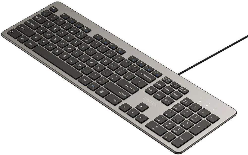 Klaviatūra Unitek SlimTap su laidu 100% (full-size) pilka