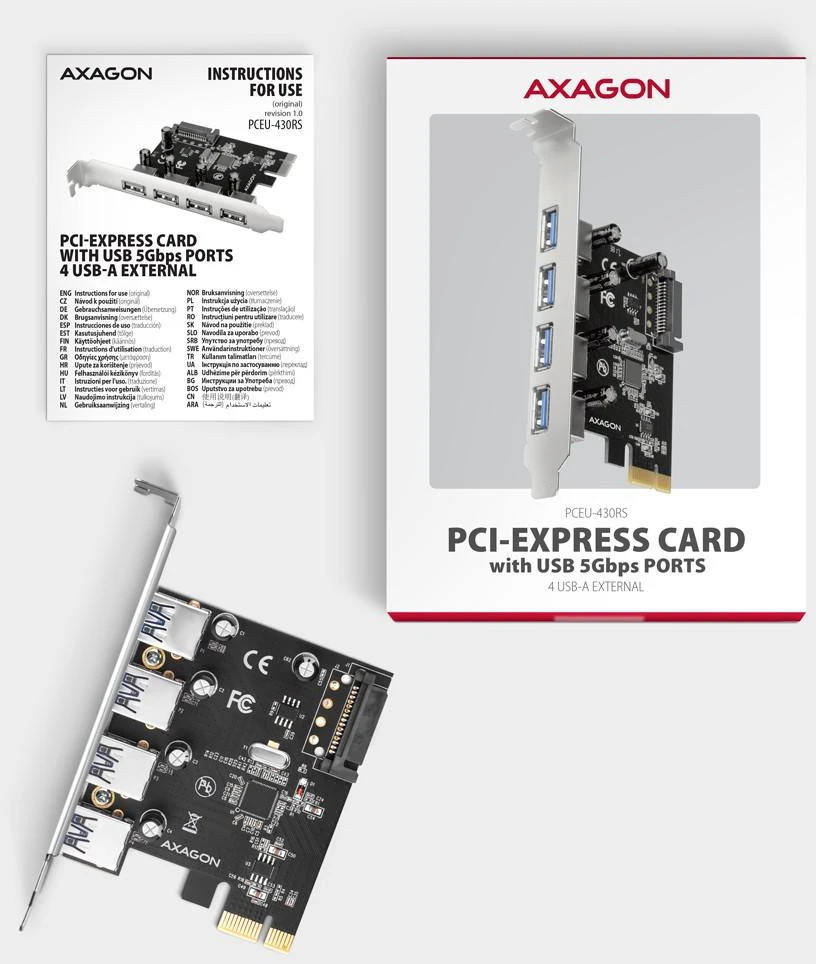 AXAGON PCEU-430RS PCIe kortelė - 4x USB 5Gbps prievadas, SATA maitinimas, Renesas PD720201, SP