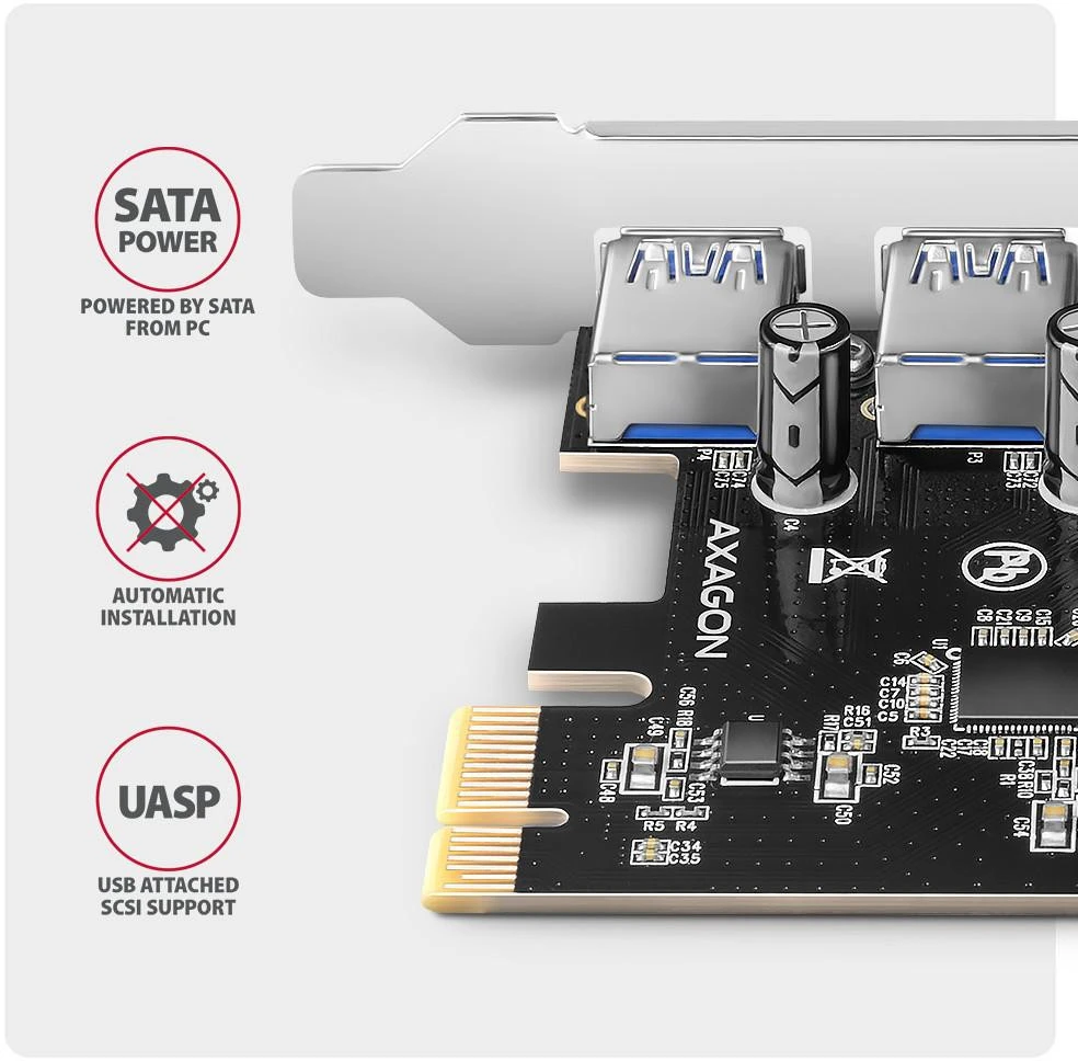 AXAGON PCEU-430RS PCIe kortelė - 4x USB 5Gbps prievadas, SATA maitinimas, Renesas PD720201, SP