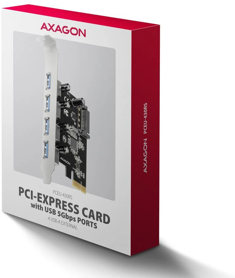 AXAGON PCEU-430RS PCIe kortelė - 4x USB 5Gbps prievadas, SATA maitinimas, Renesas PD720201, SP