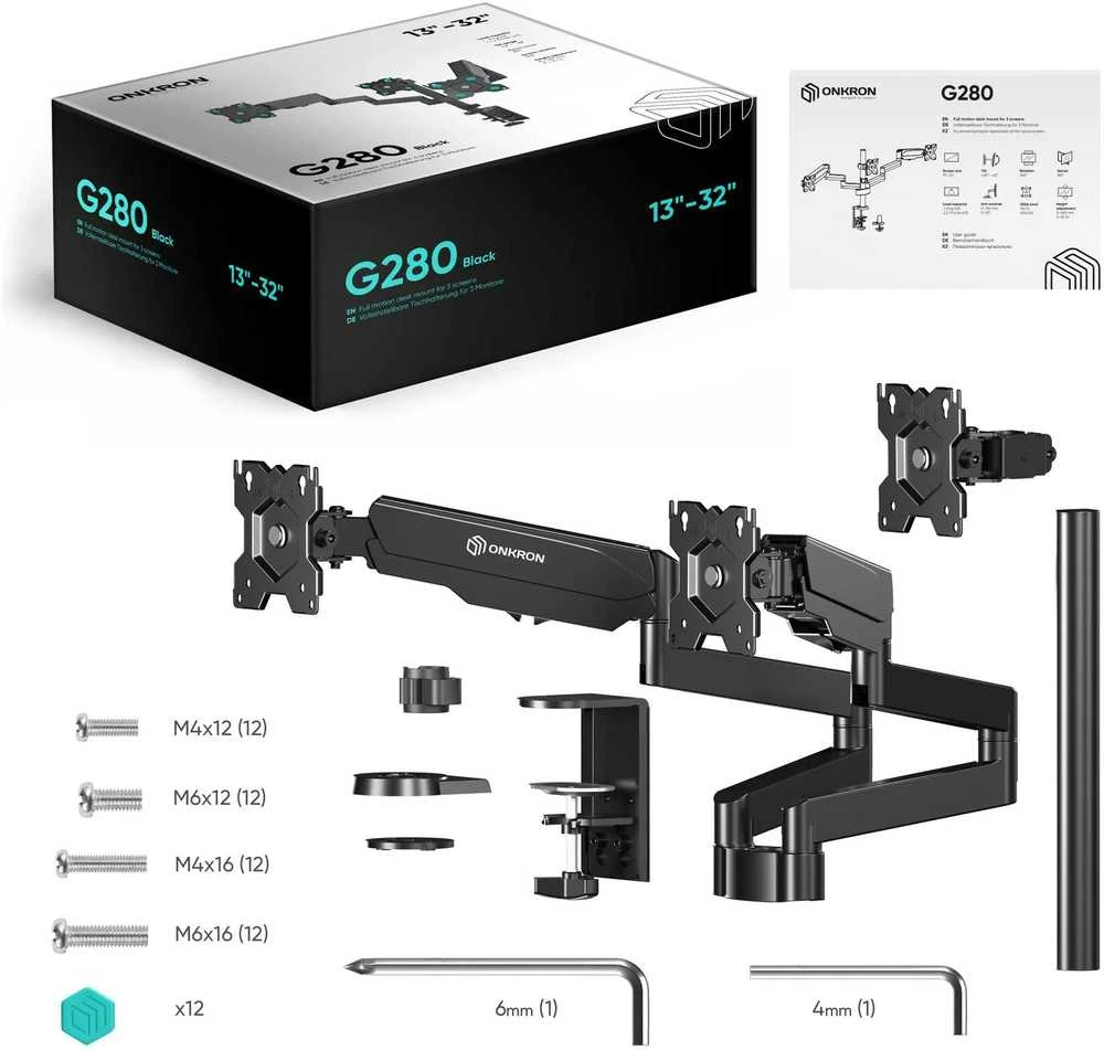 Laikiklis ONKRON Triple Monitorius Desk Mount Stand for 13-32-Inch LCD LED Screens iki 8kg, Juodas