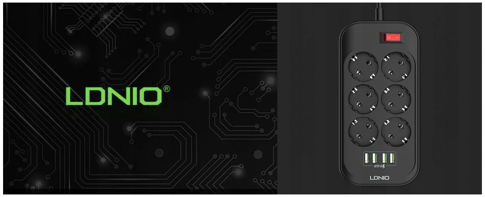 Ilgintuvas su 6 AC lizdais 4x USB LDNIO 2m - juoda