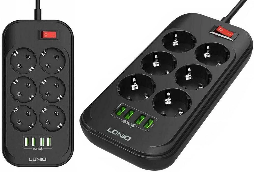 Ilgintuvas su 6 AC lizdais 4x USB LDNIO 2m - juoda