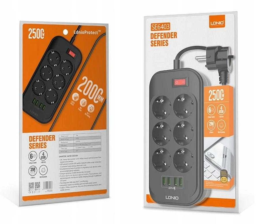 Ilgintuvas su 6 AC lizdais 4x USB LDNIO 2m - juoda