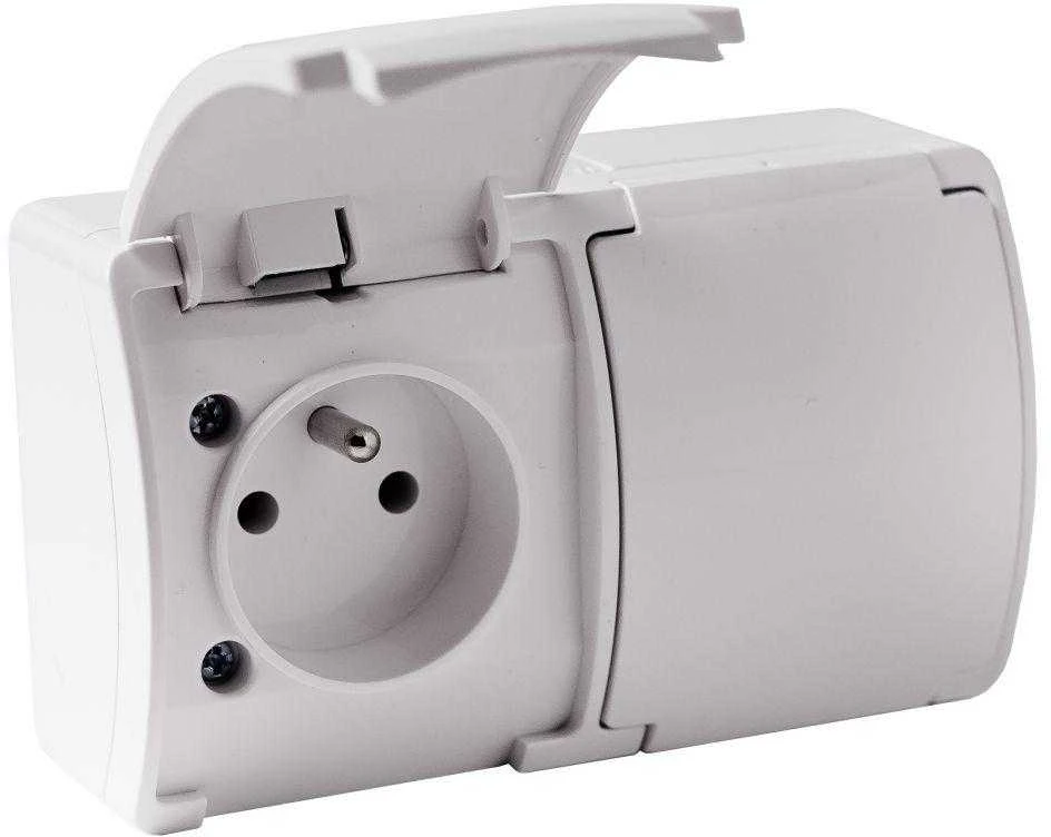 Dvigubas paviršius montuojamas lizdas su įžeminimu, su atvartu VIPLAST KOALA Baltas IP44 162-01