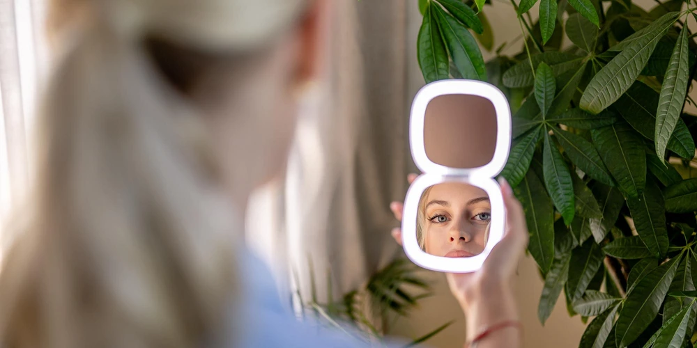 Kosmetinis Veidrodis - Humanas HS-PM01 LED Šviesa Reguliuojamas Intensyvumas 5x Didinimas Rožinė