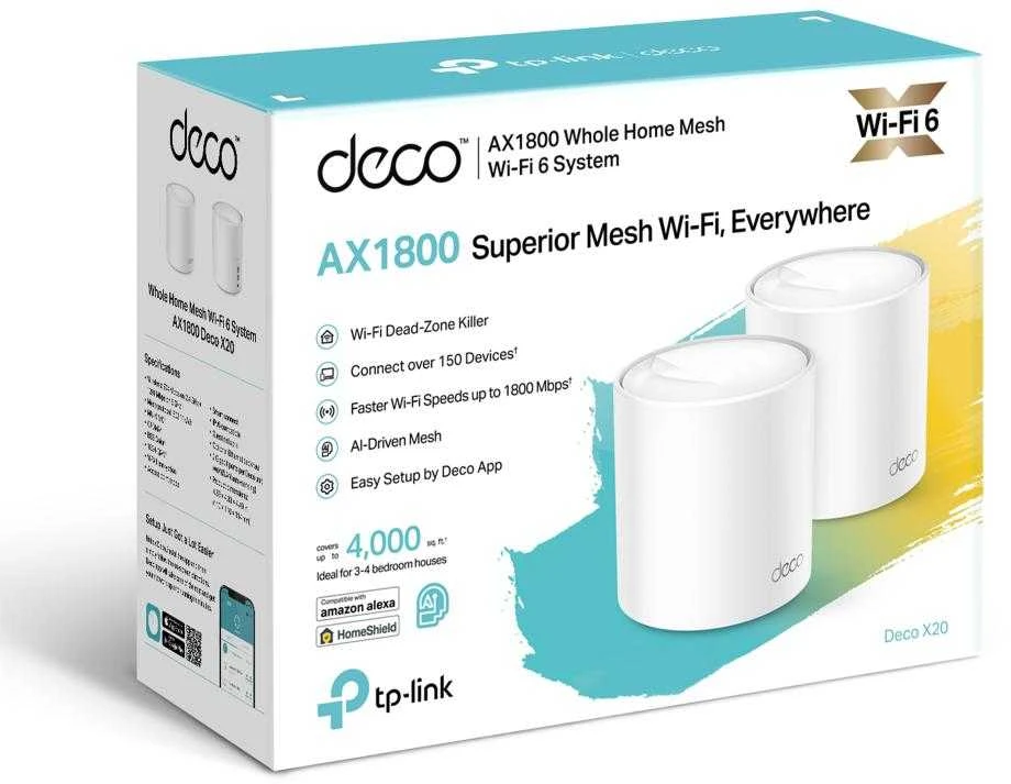Maršrutizatorius TP-LINK | „AX1800 Whole Home Mesh Wi-Fi 6“ sistema | Deco X20 (2 pakuotės) | 802.11ax | 1201+574 Mbit/s | 10/100/1000 Mbit/s | Ethernet LAN (RJ-45) jungtys 2 | Tinklelio palaikymas Taip | MU-MiMO Taip | Nėra mobiliojo plačiajuosčio ryšio | Antenos tipas 4xInternal per Deco uni