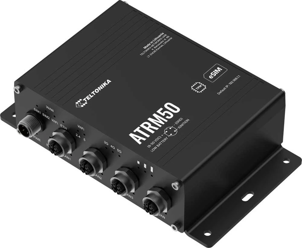 Teltonika | 5G maršrutizatorius transportui | ATRM50 | 802.11ac | 10/100/1000 Mbit/s | Ethernet LAN (RJ-45) jungtys 3 | Tinklo palaikymas: Taip | MU-MiMO: Taip | 5G | Antenos tipas: 4 x SMA mobiliesiems įrenginiams, 2 x RP-SMA Wi-Fi, 1 x SMA GNNS