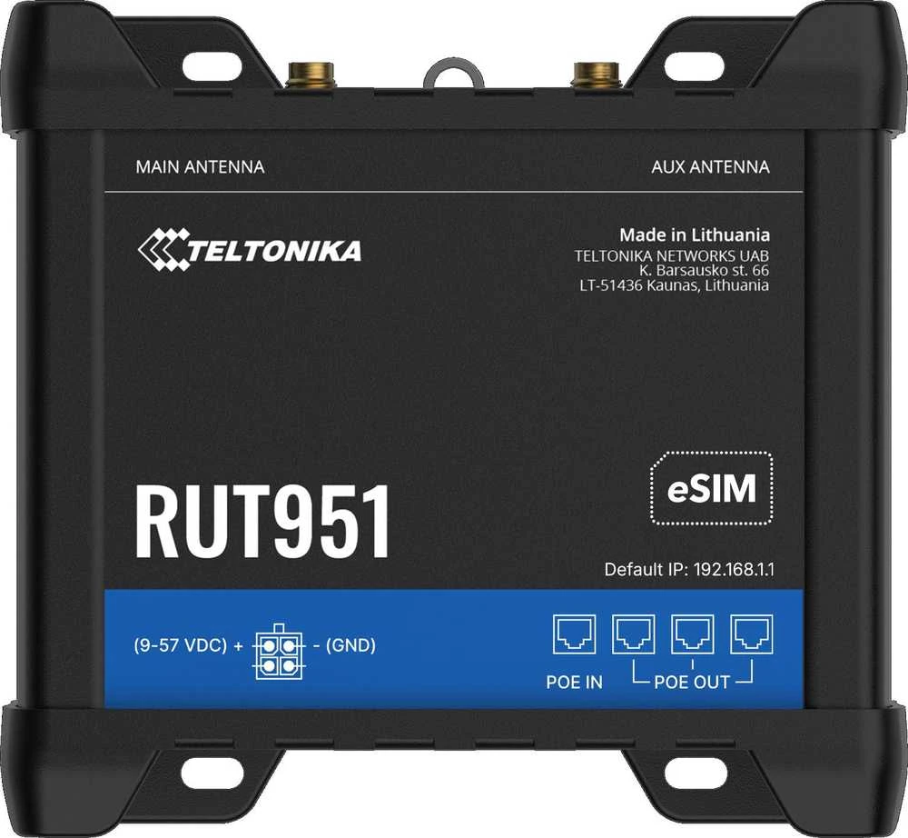 Teltonika | Pramoninis korinio ryšio maršrutizatorius | RUT951 | 802.11n | 10/100 Mbit/s | Ethernet LAN (RJ-45) jungtys 3 | Tinklo palaikymas: ne | MU-MiMO: ne | 2G/3G/4G | Antenos tipas: 2 x SMA, skirtas LTE, 2 x RP-SMA