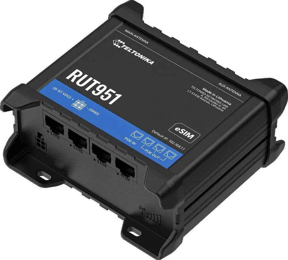 Teltonika | Pramoninis korinio ryšio maršrutizatorius | RUT951 | 802.11n | 10/100 Mbit/s | Ethernet LAN (RJ-45) jungtys 3 | Tinklo palaikymas: ne | MU-MiMO: ne | 2G/3G/4G | Antenos tipas: 2 x SMA, skirtas LTE, 2 x RP-SMA