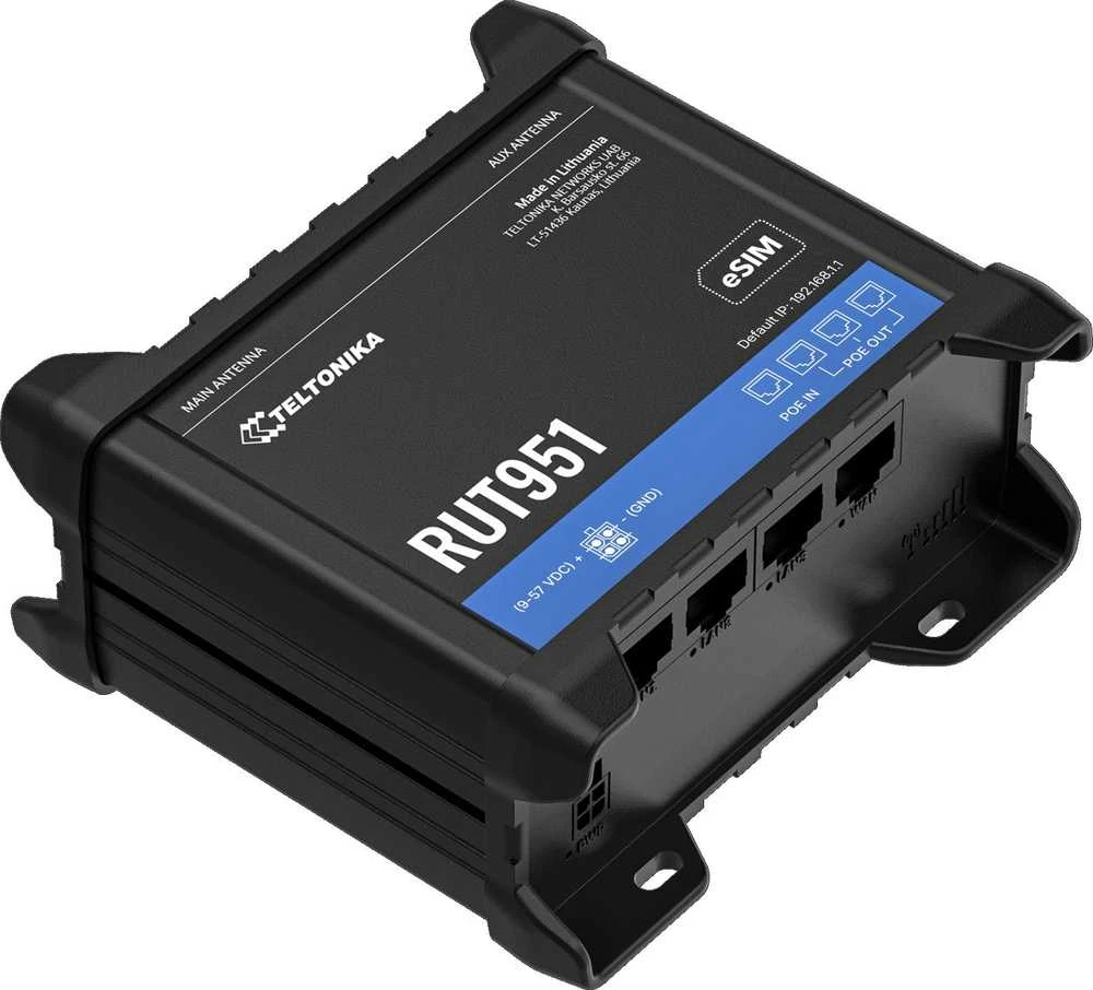 Teltonika | Pramoninis korinio ryšio maršrutizatorius | RUT951 | 802.11n | 10/100 Mbit/s | Ethernet LAN (RJ-45) jungtys 3 | Tinklo palaikymas: ne | MU-MiMO: ne | 2G/3G/4G | Antenos tipas: 2 x SMA, skirtas LTE, 2 x RP-SMA
