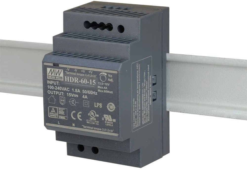 Mean Well PUL IŠJUNGIMO MAITINIMO MAITINIMO DIN BĖGNIO MEDŽIAGOS ŠULLINIS HDR-60-15 15V/60W/4A