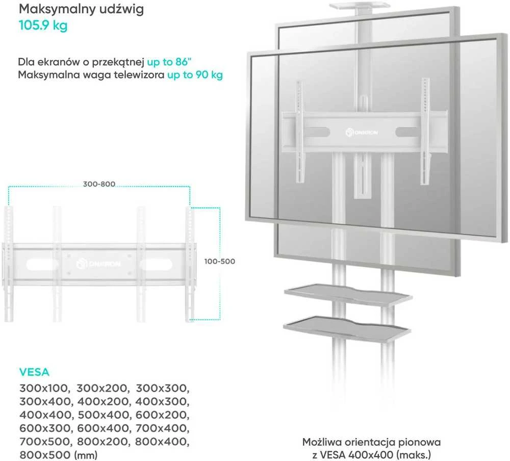 Laikiklis Mobilus TV stovas 50"-83" iki 90 kg ONKRON TS1881 Baltas