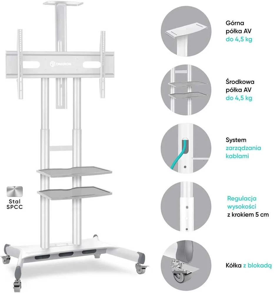 Laikiklis Mobilus TV stovas 50"-83" iki 90 kg ONKRON TS1881 Baltas