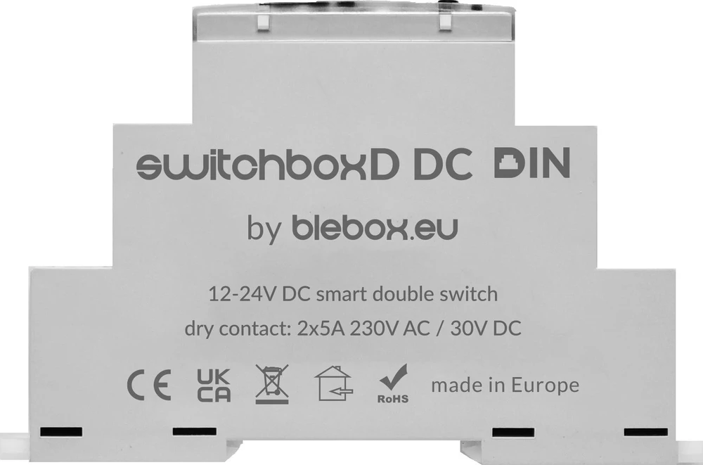 BleBox SwitchBoxD DC DIN - 2 kanalų relė 230V AC 30V DC WiFi - Android / iOS programa