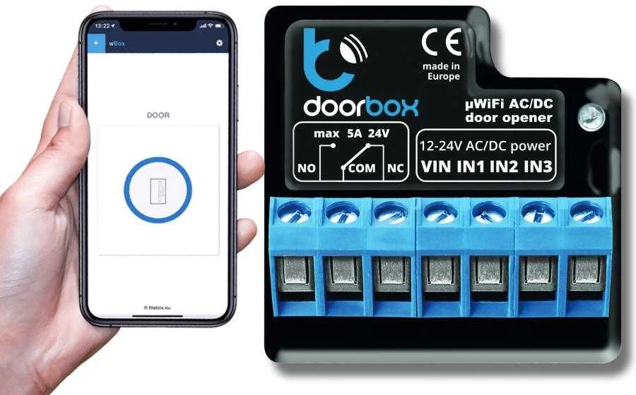 Blebox DoorBox išmanus wifi durų ir praėjimo kontroleris 12-24V AC / DC valdomas programėle ar jungikliu