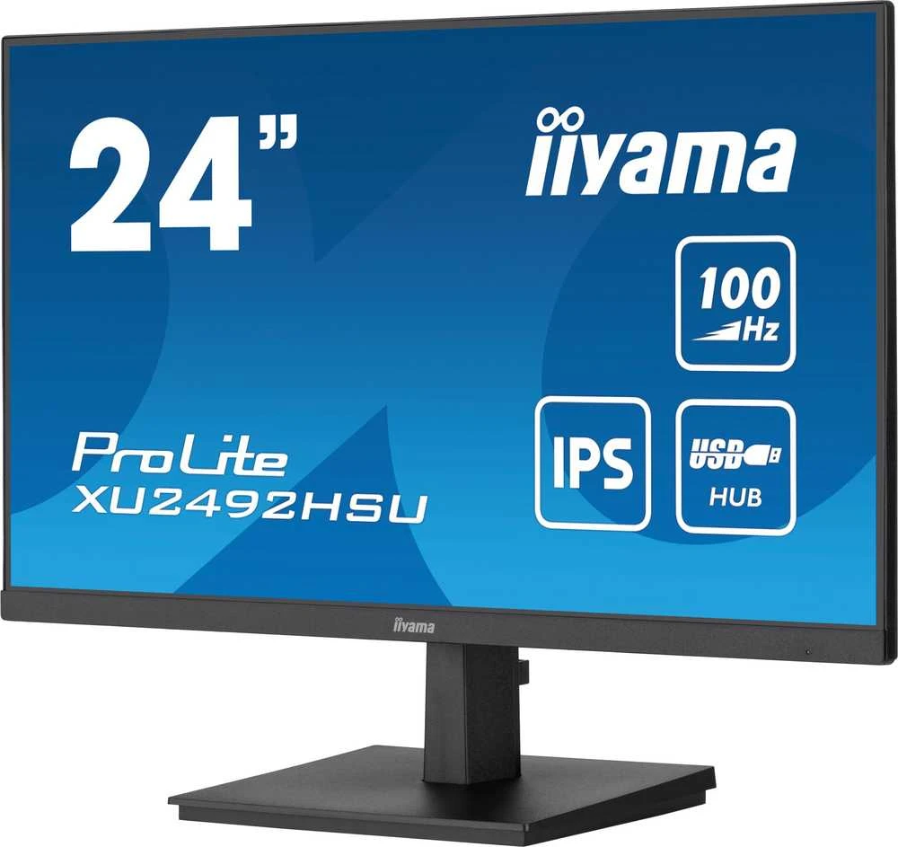 „IIYAMA XU2492HSU-B6“ 24 colių ETE IPS monitorius su 1920 x 1080 raiška, 100 Hz, 250 cd/m², garsiakalbiai, HDMI, DisplayPort, 0,4 ms MPRT, „FreeSync“, USB šakotuvas.