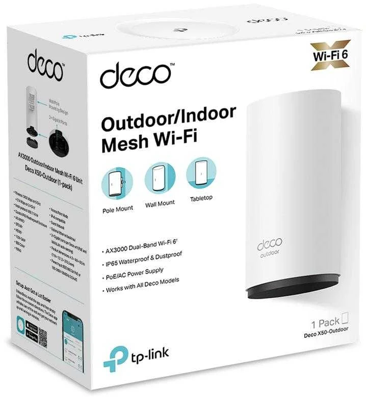 Maršrutizatorius TP-LINK | AX3000 lauko visų namų tinklelio „WiFi“ 6 įrenginių | „Deco X50-Outdoor“ | 802.11ax | 10/100/1000 Mbit/s | Ethernet LAN (RJ-45) jungtys 2 | Tinklo palaikymas: Taip | MU-MiMO: Taip | Ne, mobilusis plačiajuostis ryšys: