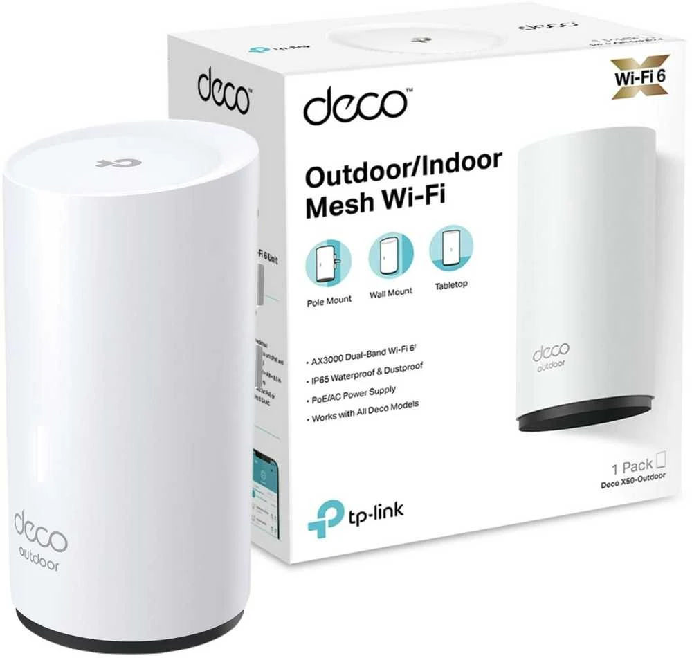Maršrutizatorius TP-LINK | AX3000 lauko visų namų tinklelio „WiFi“ 6 įrenginių | „Deco X50-Outdoor“ | 802.11ax | 10/100/1000 Mbit/s | Ethernet LAN (RJ-45) jungtys 2 | Tinklo palaikymas: Taip | MU-MiMO: Taip | Ne, mobilusis plačiajuostis ryšys: