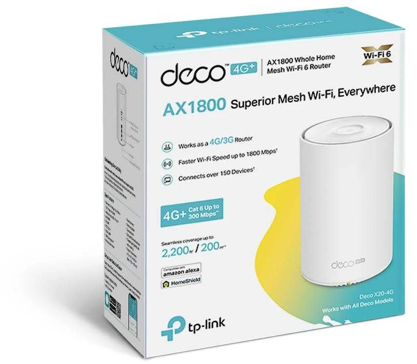 Maršrutizatorius TP-LINK | Visų namų tinklelio „Wi-Fi 6“ | „Deco 4G+ AX1800“ | 802.11ax | 300 Mbps | Ethernet LAN (RJ-45) jungtys 3 | Tinklo palaikymas: Taip | Ne